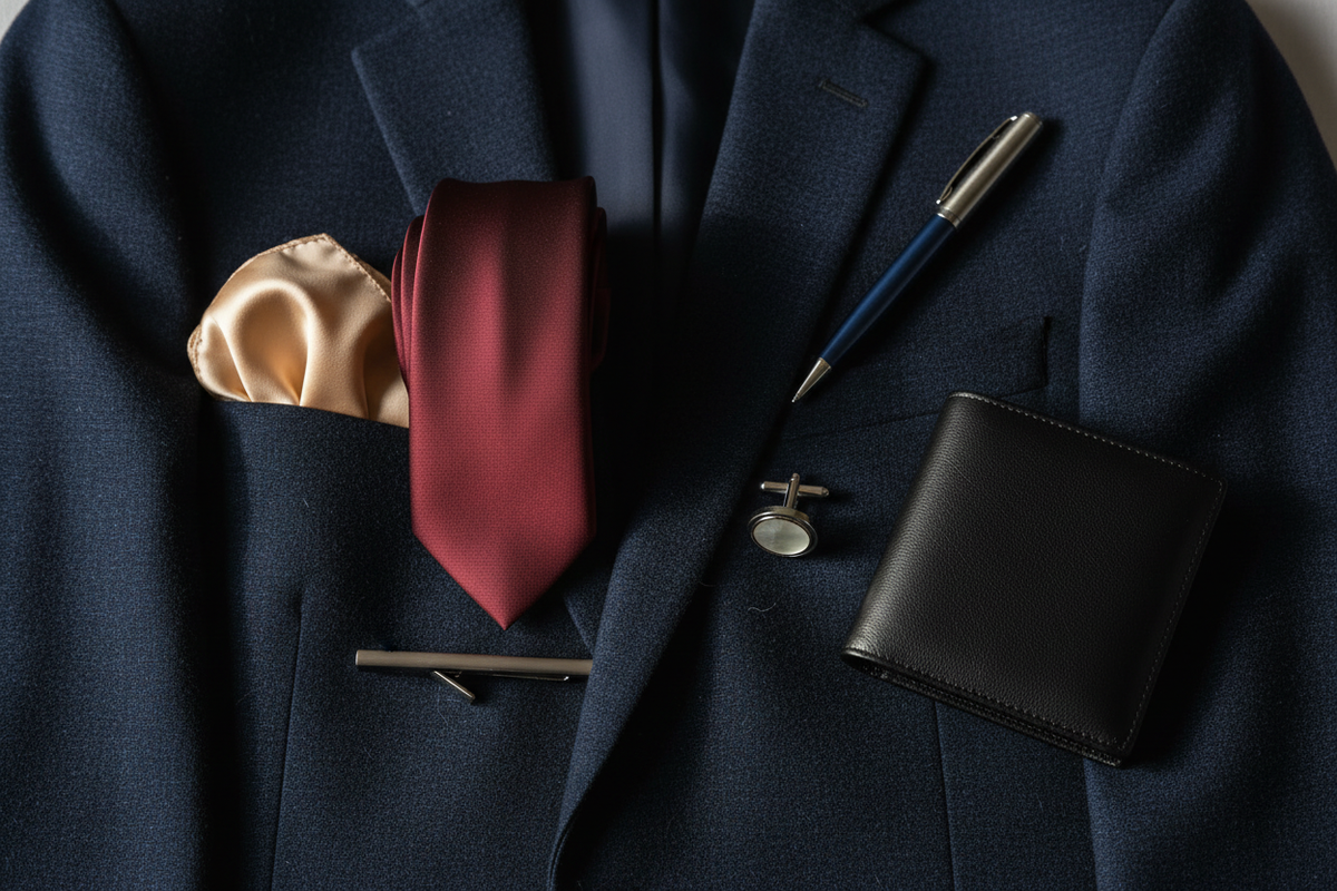 Accessoires élégants pour homme avec cravate, pochette, pince à cravate et boutons de manchette