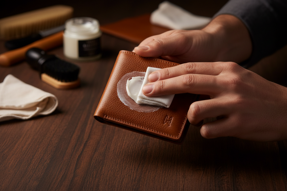 Entretien portefeuille cuir homme - application crème nourrissante Maison Lysta
