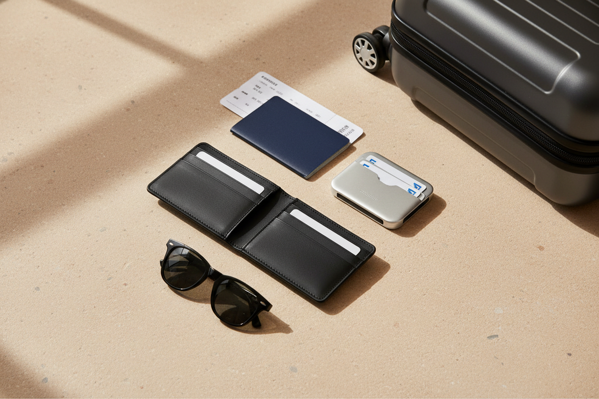 Portefeuille homme slim avec passeport et accessoires de voyage sur une surface claire