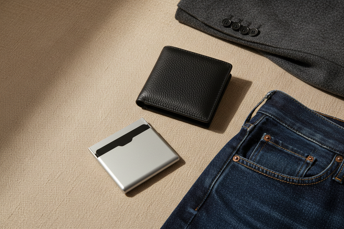 Portefeuille homme compact posé près d’une poche de jean et d’une veste