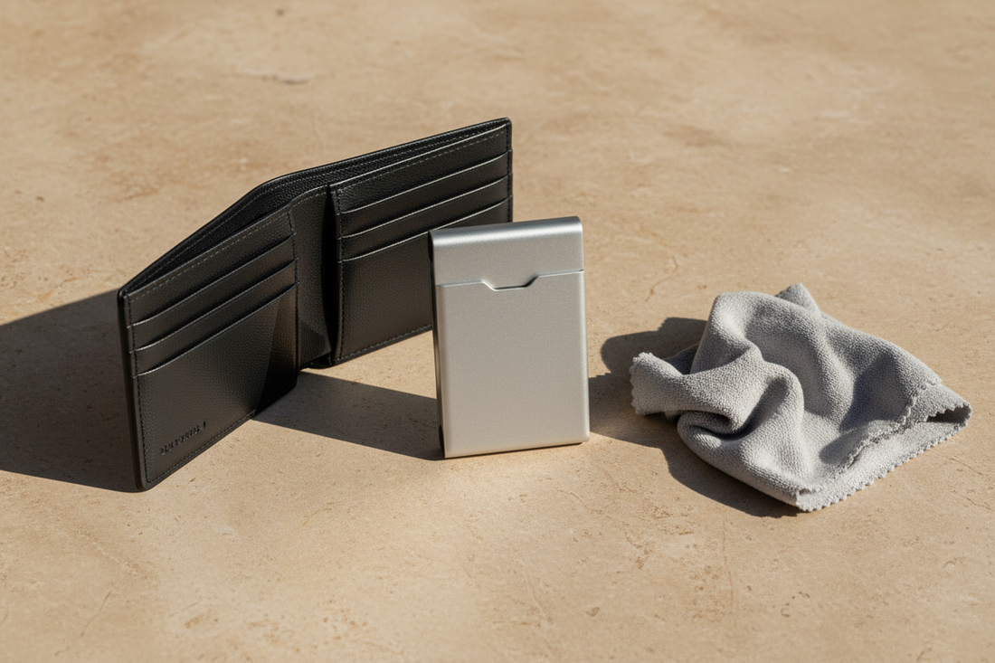 Portefeuille homme en matière synthétique et porte-cartes aluminium posés près d’un chiffon doux