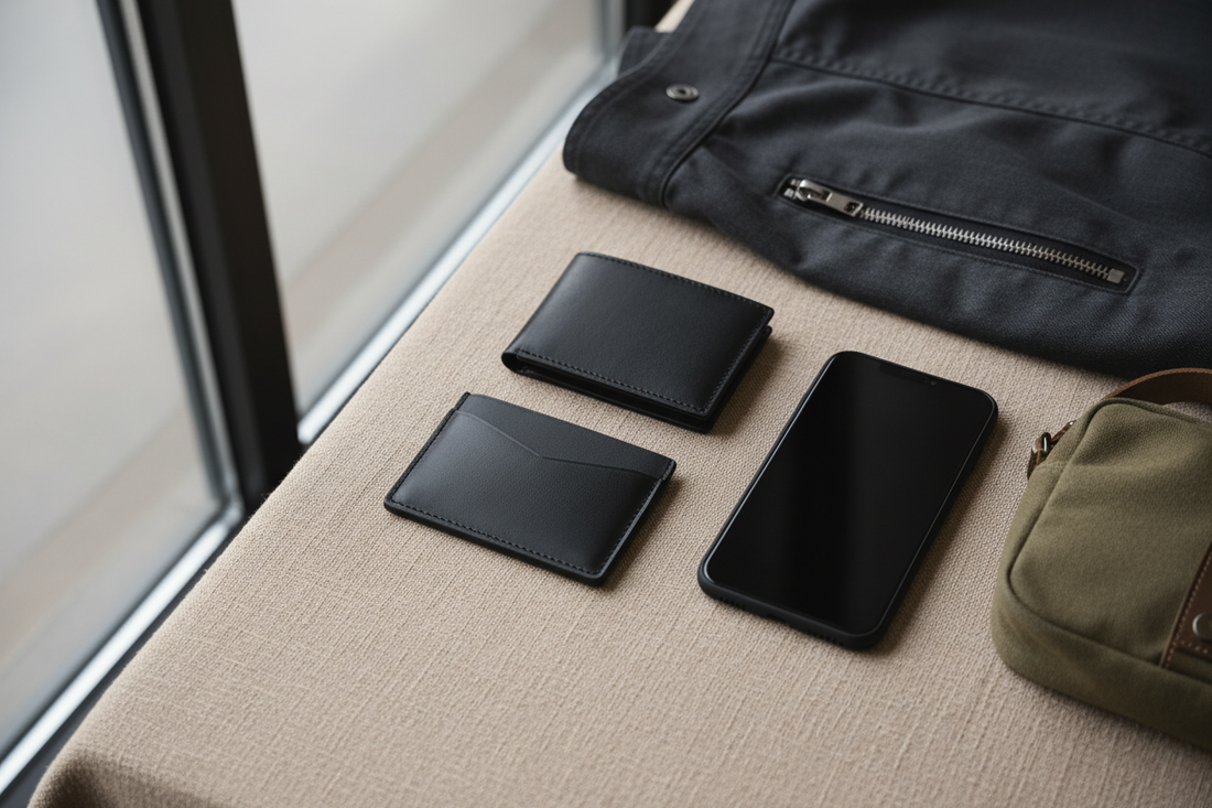 Portefeuille homme slim rangé près d’une poche zippée, d’un smartphone et d’un petit sac