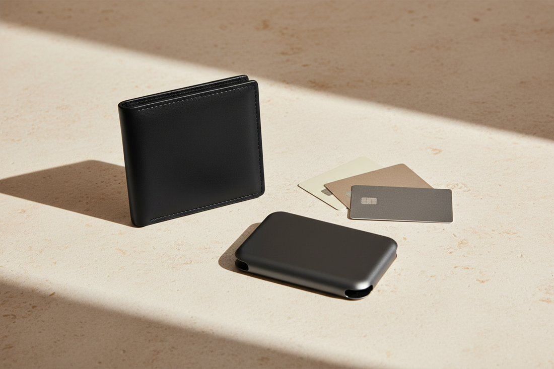 Portefeuille slim noir et porte-cartes minimaliste en aluminium posés sur une surface claire 