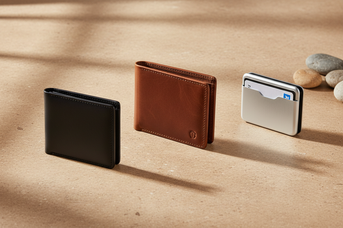 Sélection de portefeuilles homme contemporains : modèle noir, portefeuille marron et porte-cartes aluminium