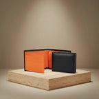 Portefeuille homme minimaliste en microfibre noir intérieur orange ouvert – Maison Lysta