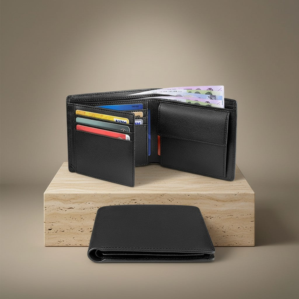 Portefeuille en microfibre noir ouvert avec porte-cartes et billets – Maison Lysta