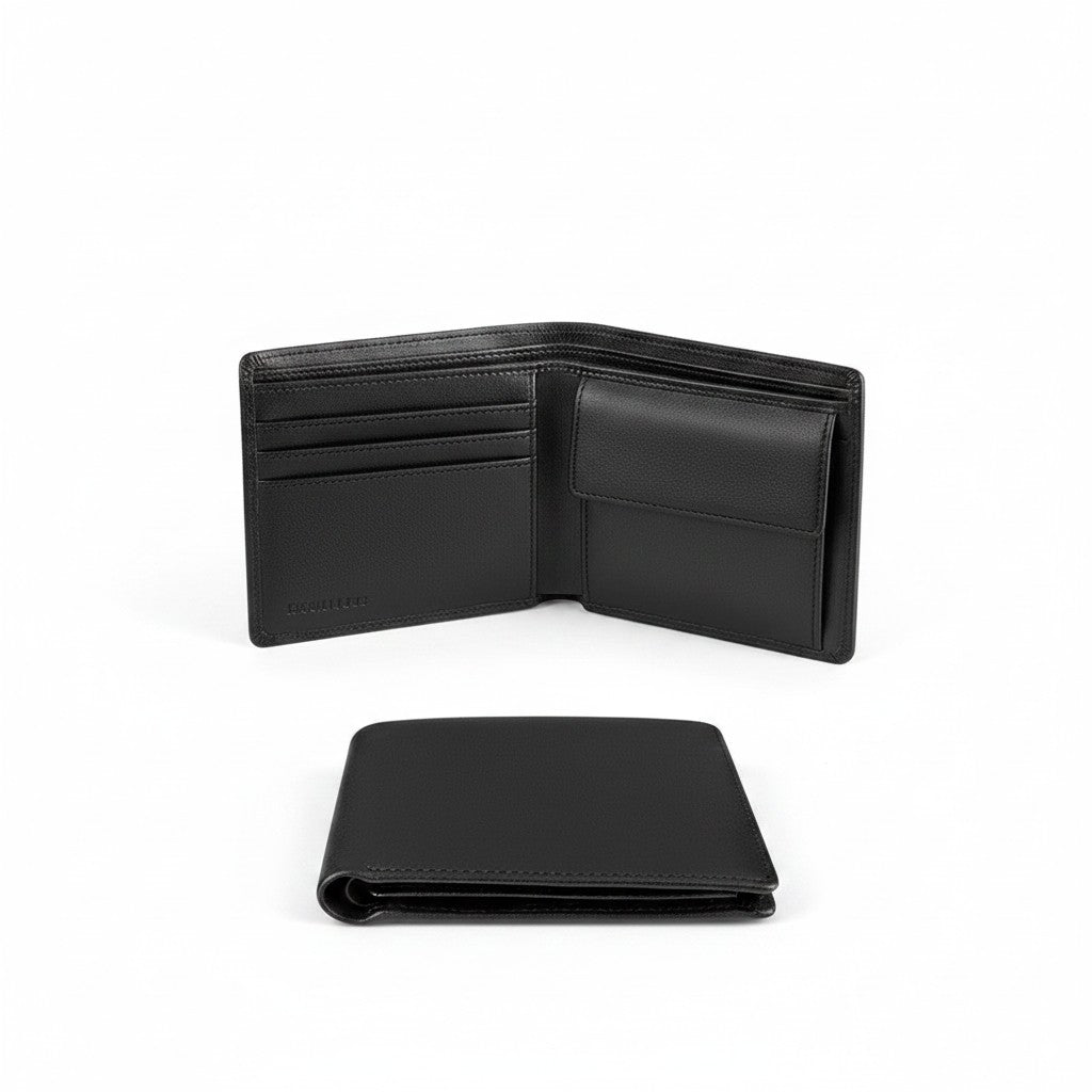Portefeuille en microfibre noir ouvert et fermé, intérieur porte-cartes – Maison Lysta