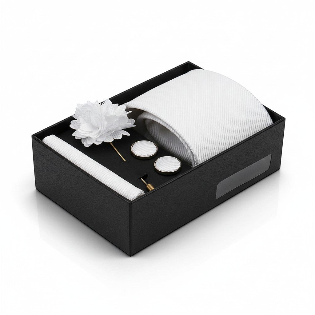 Coffret Cravate Homme – Cravate, Pochette, Boutons de Manchette & Broche