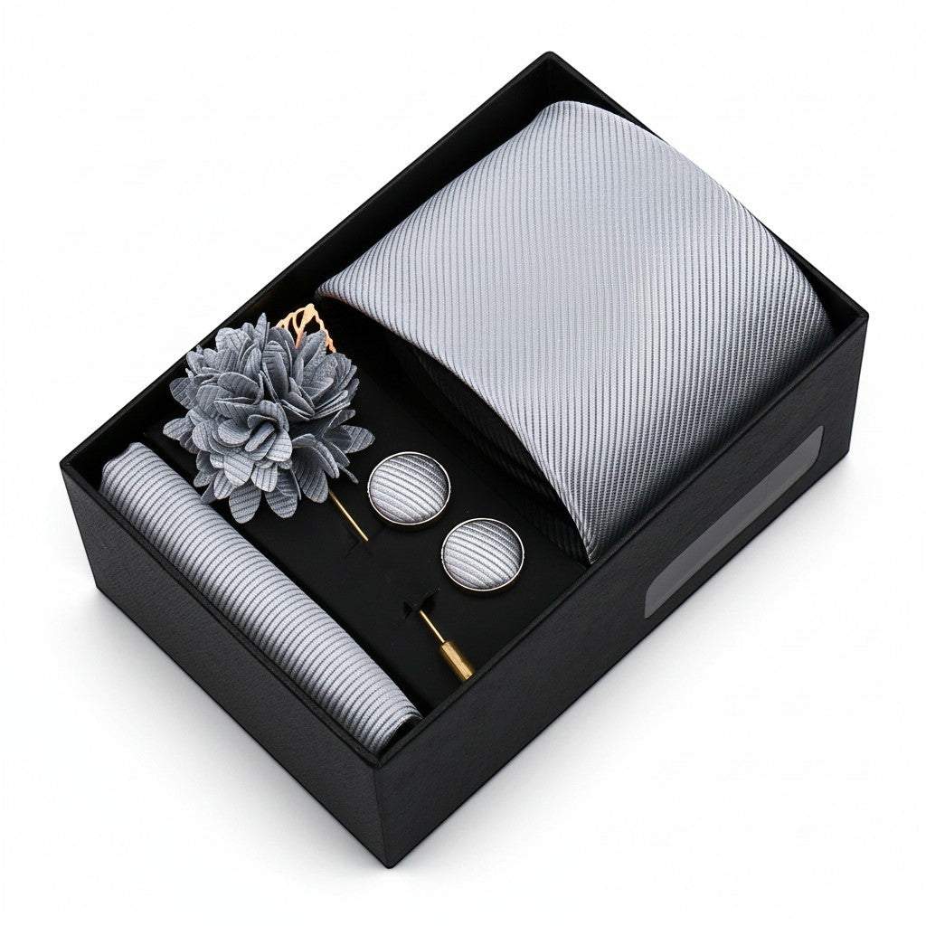 Coffret Cravate Homme – Cravate, Pochette, Boutons de Manchette & Broche