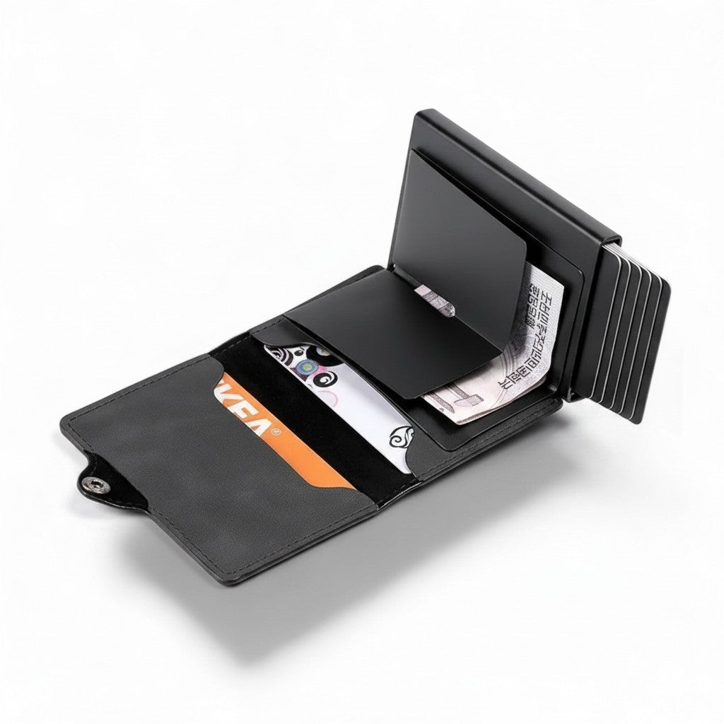 Porte-cartes aluminium noir ouvert avec compartiments cartes et billets – Maison Lysta