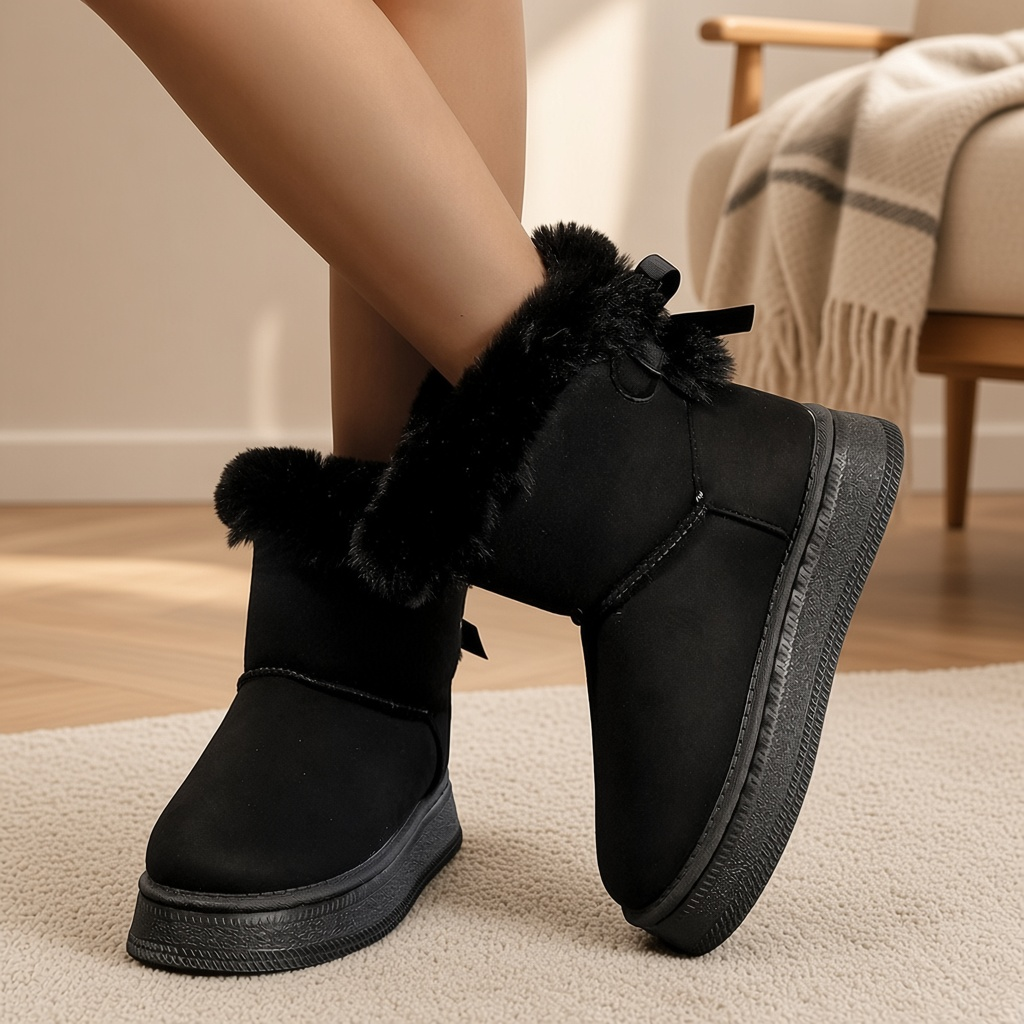 Bottes fourrées femme à nœud – Bottines hiver chaudes