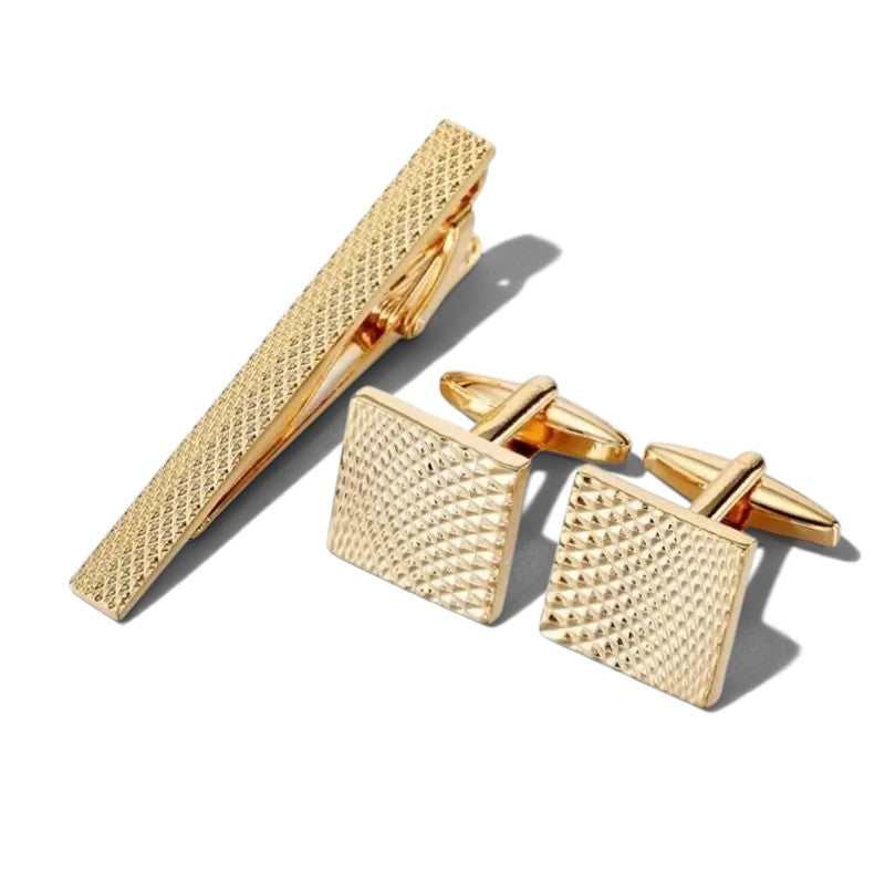 Coffret pince à cravate et boutons de manchette dorés Maison Lysta, design carré texturé