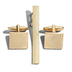 Pince à cravate et boutons de manchette homme dorés, finition texturée carrée, Maison Lysta