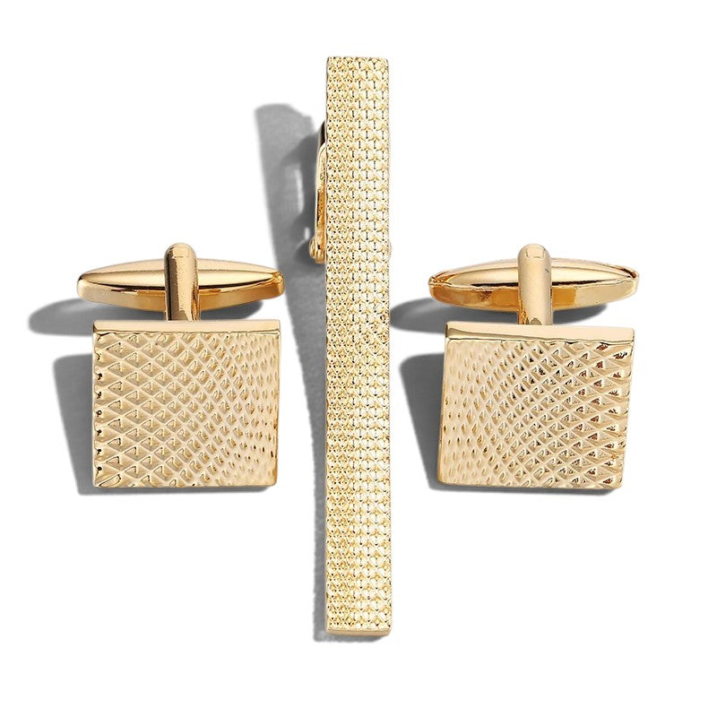 Pince à cravate et boutons de manchette homme dorés, finition texturée carrée, Maison Lysta